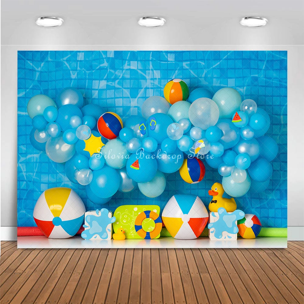 Summer Pool Party Birthday Photo Background Kids Portrait Cake Smash Photography Backdrop Blue Balloon Decor Photo Studio Props