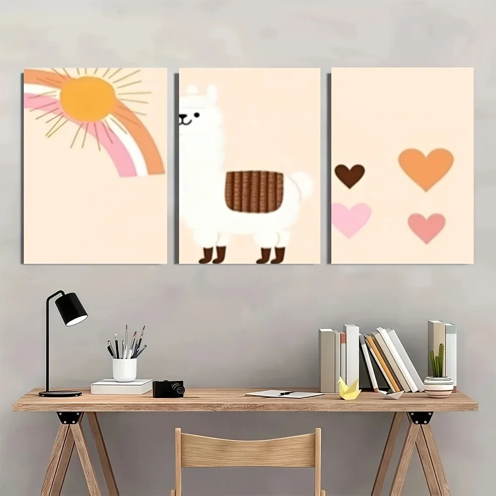 2D Flat 3pcs frameless , ,    Canvas Prints, Humorous Shapes And Charming Alpacas Home Wall Decor Posters, Birthda