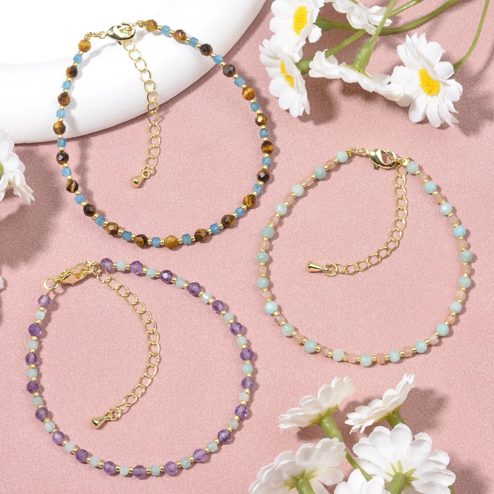 Mixed Color Natural Stone Amethyst and Brazil Amazonite Faceted Beads Bracelets Wholesale Boho Fashion Jewelry for Women Daily