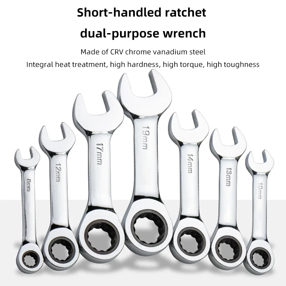 Reversible Combination Stubby Spanner 72 Tooth Short Handle Ratchet Socket Wrench Quick Open CR-V Steel Bike/Auto Repair Tool