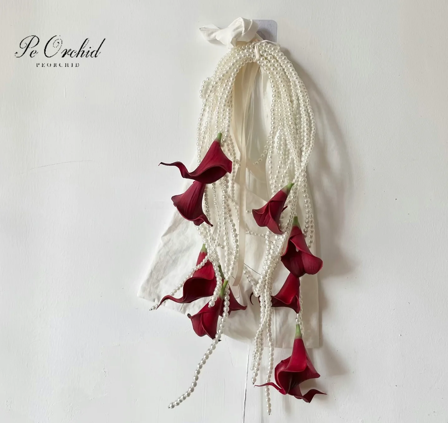 PEORCHID Modern Cascading Pearl Wedding Bridal Hoop Bouquet Calla Lily Handmade Artificial Bridesmaid Flowers Hand Bouquet