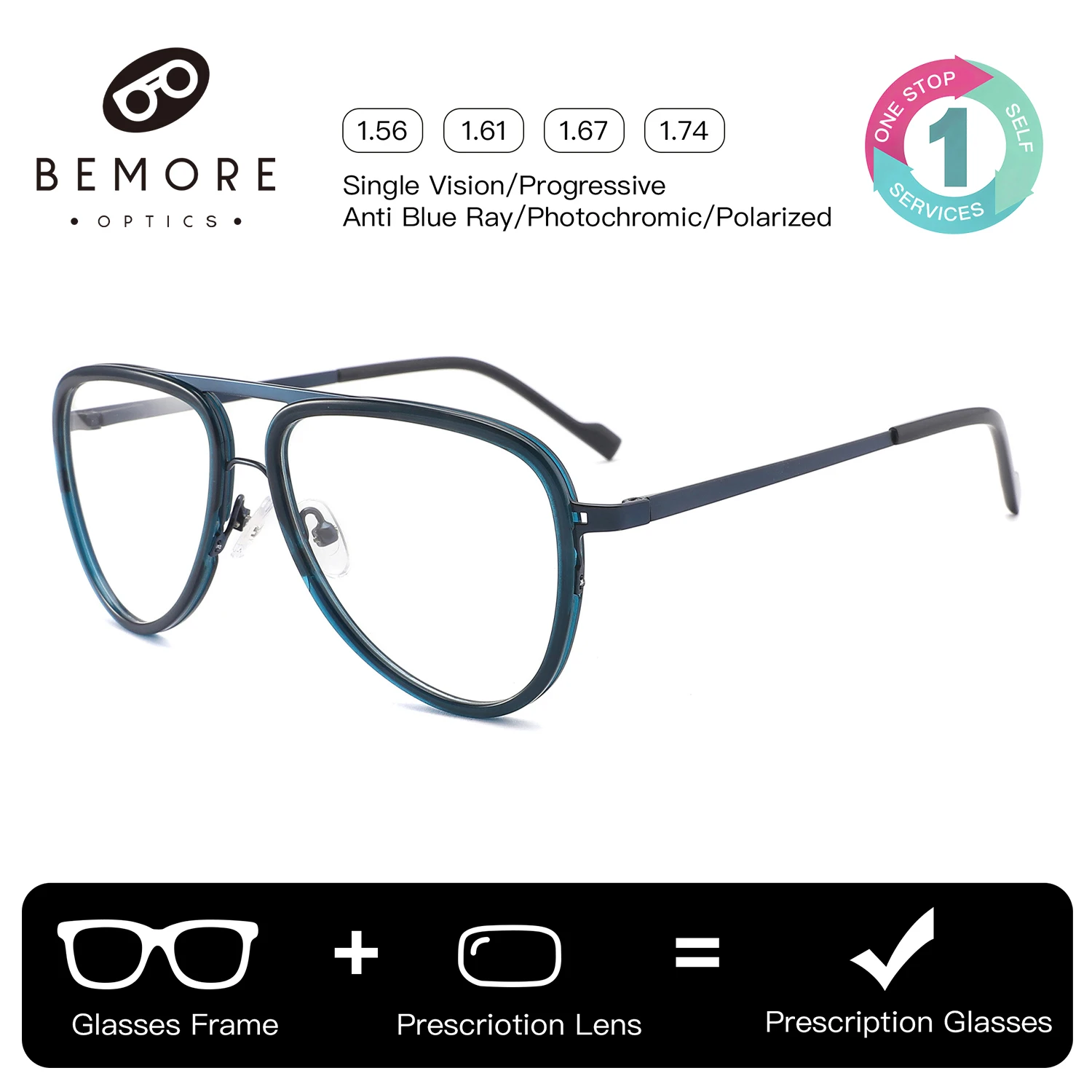 

BEMORE Custom Aviator Prescription Glasses Man Pilot Anti-Blue Ray Photochromic Grey Progressive Multifocal Eyewear