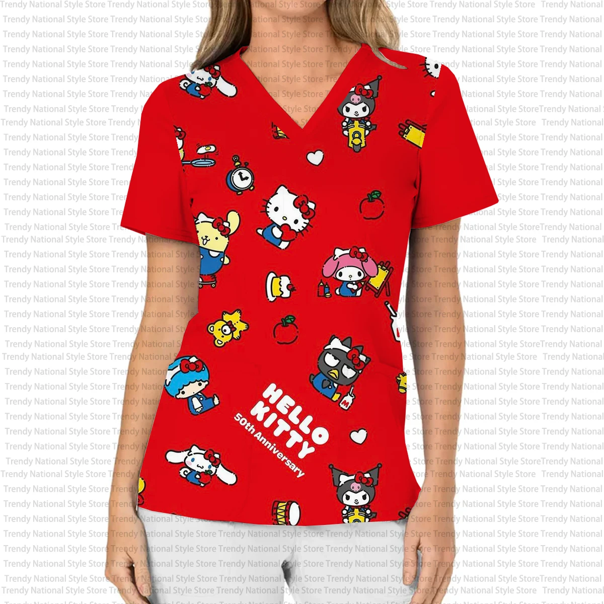 ファッション女性用作業服ファインマットトップ、ハローキティVネックポケットTシャツ、パーソナライズプリント入りビューティーサロンTシャツ