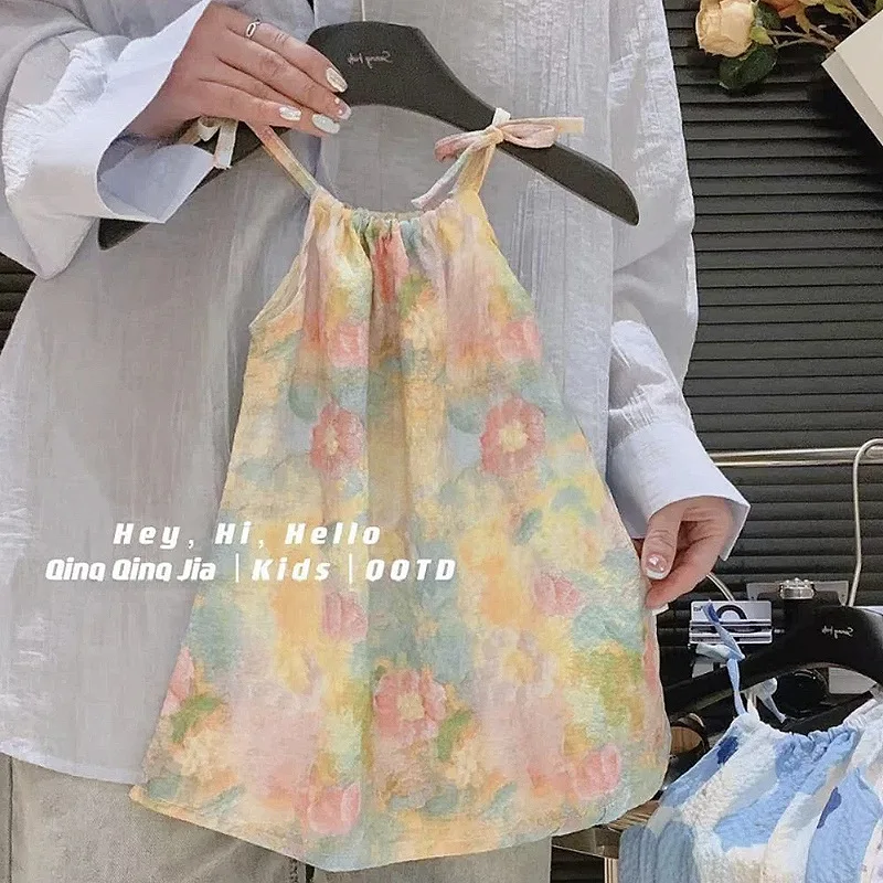 Girls Casual Dresses Floral Print Halter Dress Flower Girl Dresses for Weddings Baby Girl Clothes for 1 To 8Years Kids Clothes