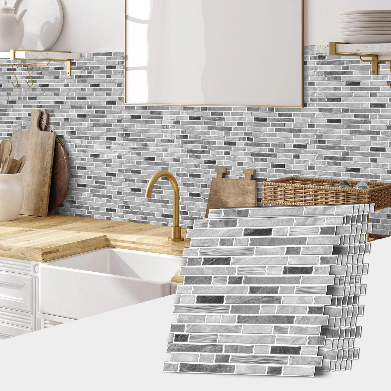 Classic Black And White Tile Marble Room Decoration Kitchen Living Room Waterproof Self-Adhesive Wall Sticker Detachable 4-12PCS