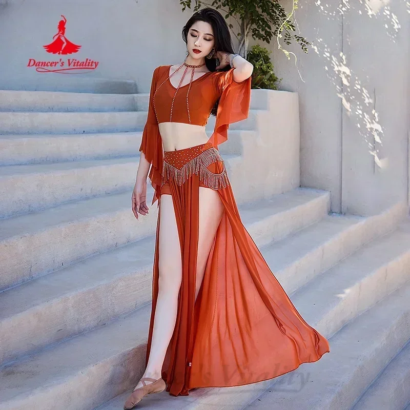 Belly Dancing Practice Outfit Light Luxury AB Stones Tassel Performance Set Adult Oriental Dance Professional Training Clothing