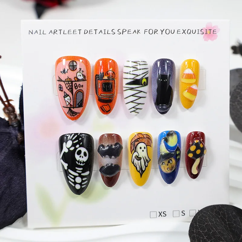 30pcs New Halloween Style False Nails Hand-painted Skull Bat Ghost Pumpkin Decor Press On Nails 3D Relief Almond Party Fake Nail - view 2