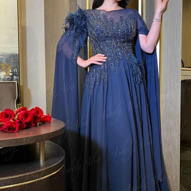 Customized Navy Blue Evening Dresses O-Neck Beaded Feather A Line Chiffon Women Formal Occasion Dress With Puffy Sleeve Prom