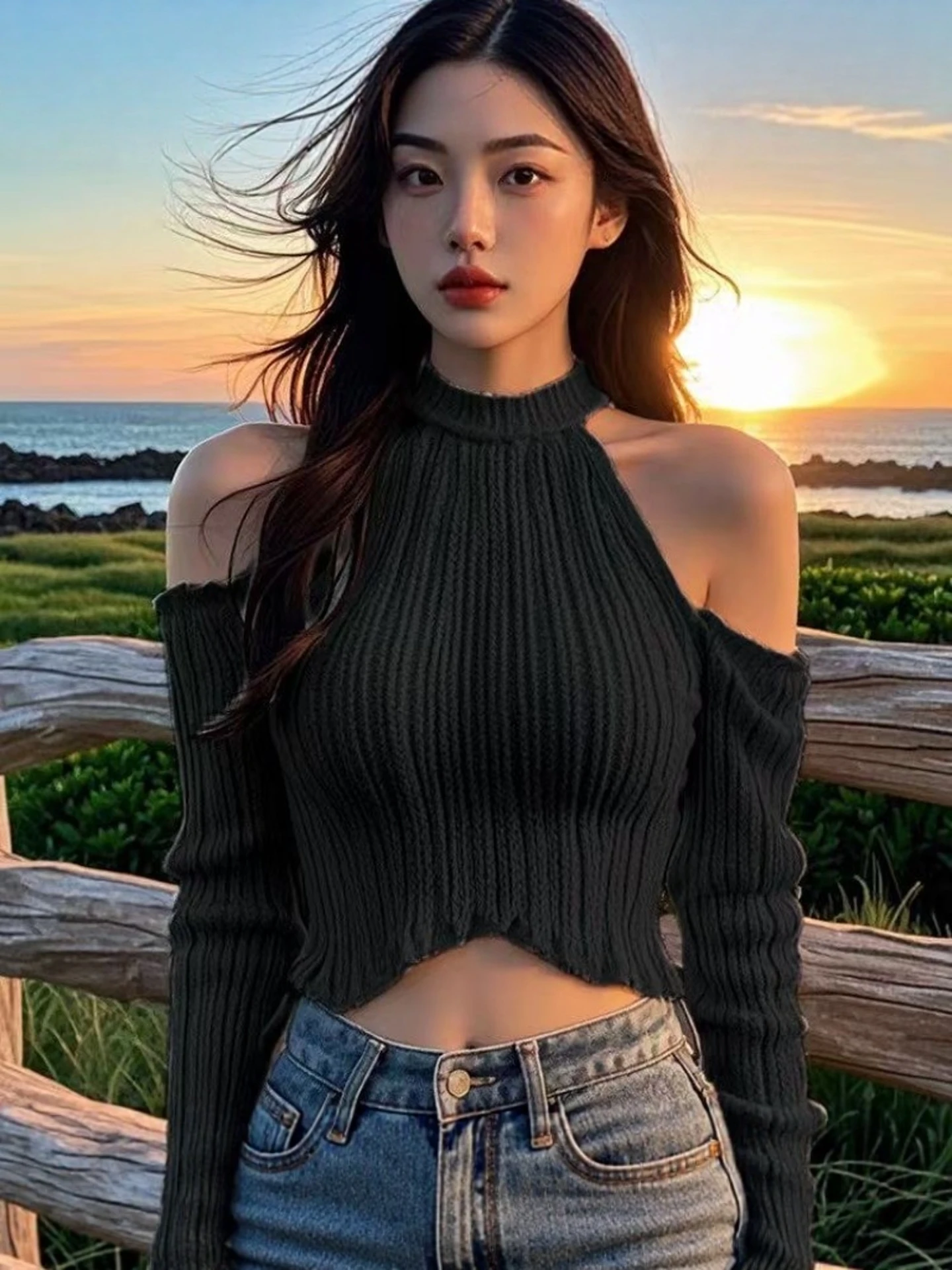 Shoulder Bared High Collar Knitted Sweater Women's Short Style Slim Fit Design Sensation Black Color Autumn Winter New Arrival