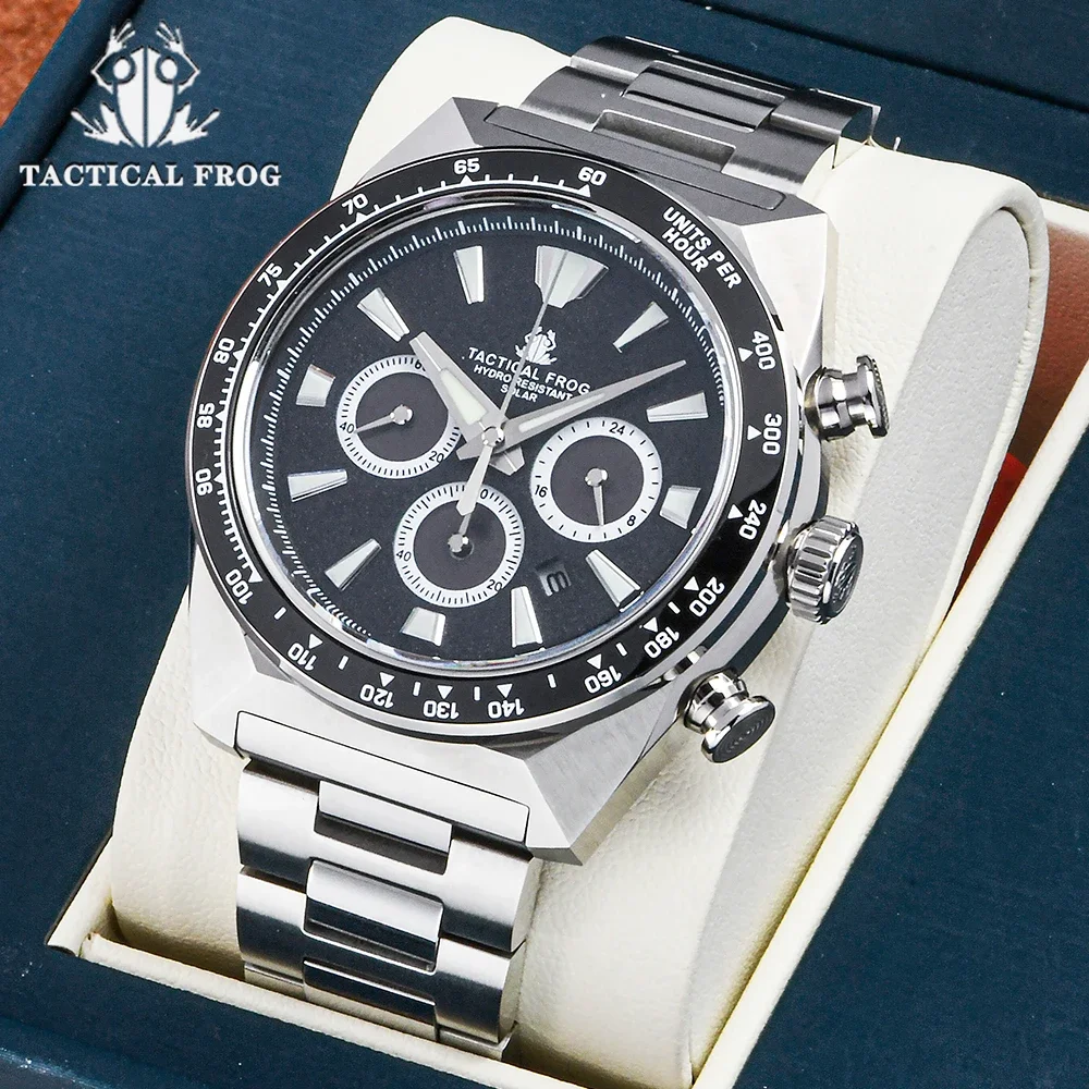 

Tactical Frog Chronograph Watch Solar VS75A Eco-Drive Quartz Ceramic Bezel Sapphire Crystal Mirror 20Bar Luminous Mens Watch