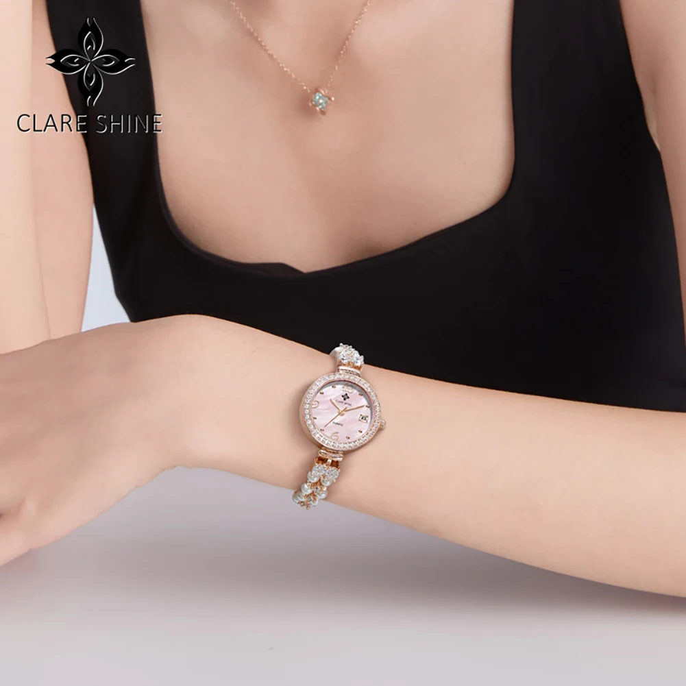 CLARE SHINE 7703 Elegance Women Imported Quartz Movement Watch Diamond Round Dial Brand Calendar Window Watch For Women