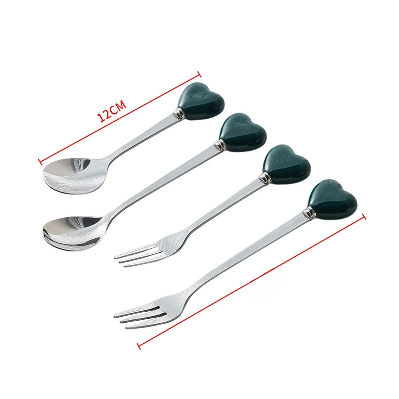 Ceramic Handle Stainless Steel Fork Creative Dessert Spoon Heart Shaped Coffee Stirring Spoon High Aesthetic Value Home Use