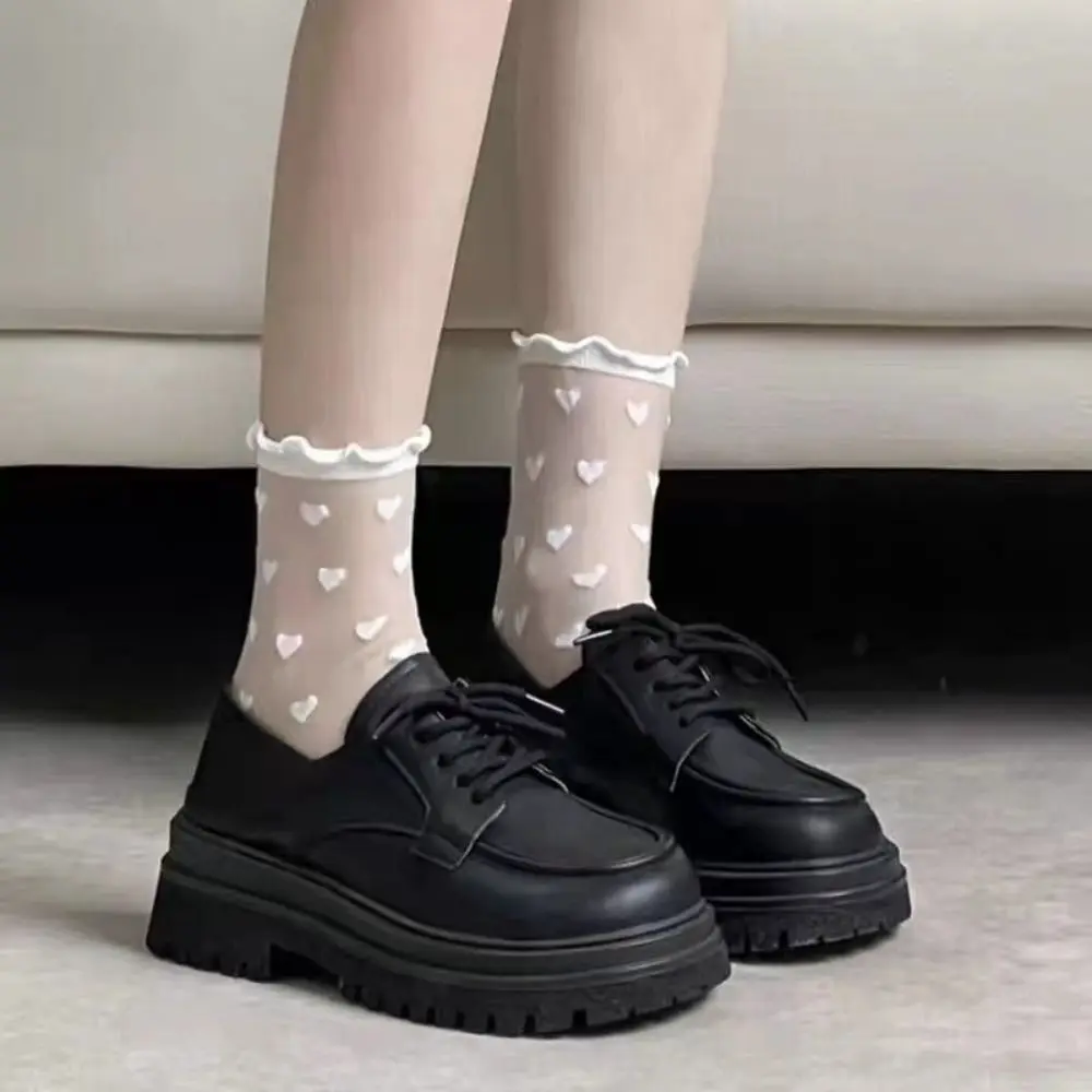 Women Sexy Ruffled Love Heart Pattern Thin Long Socks JK Uniform Lolita Sweet Glass Fiber Transparent Ins Style Black Lace Socks