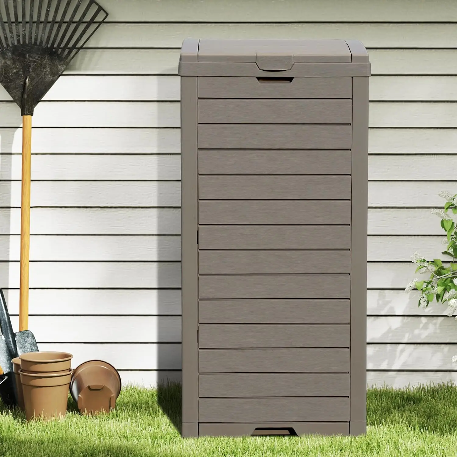 

38 Gallon Large Outdoor Trash Can, Waterproof Resin Hideaway Garbage Bin with Lid and Drip Tray, Outside Trash Bin·Free Shipping