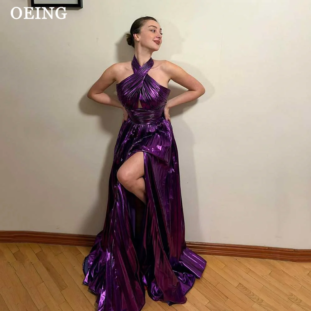 OEING Sexy Purple Evening Dress Halter Strapless Pleated Side Split Cocktail Party Dress Vestidos De Noche Sparkly Prom Gowns