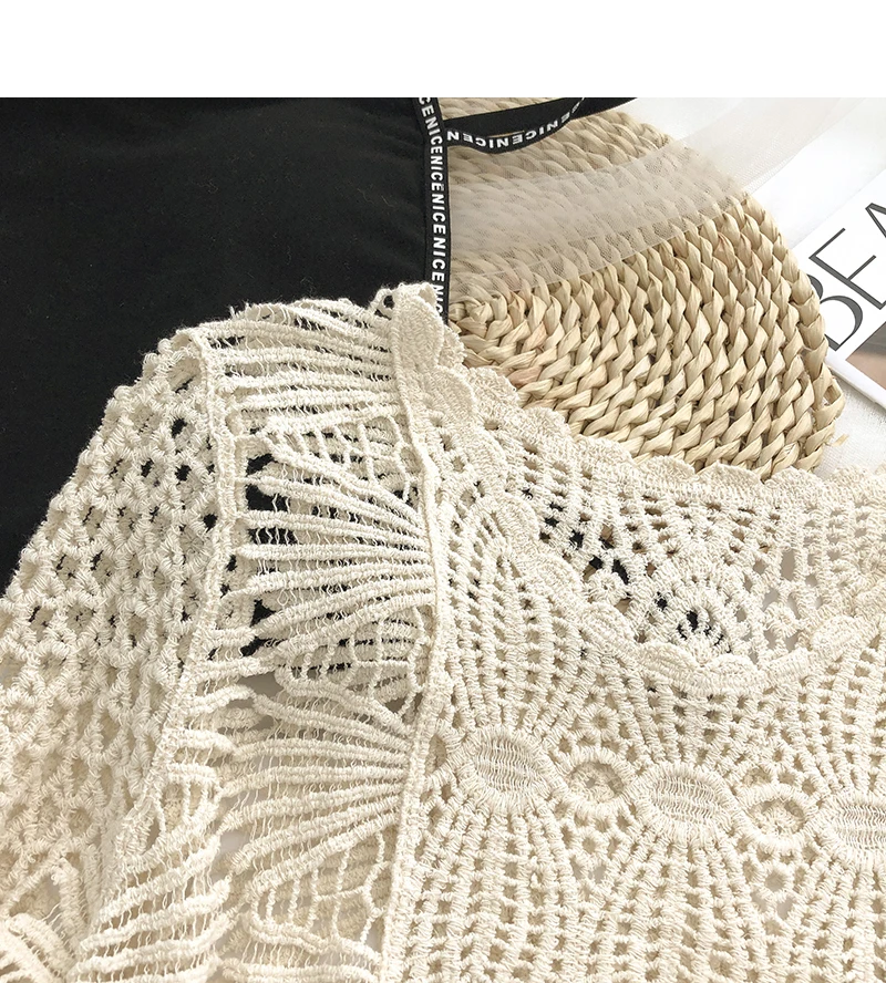 OUMEA Women Cotton Crochet Blouse Round Neck Cotton Lace Openwork Long Sleeve Beach Cover Up Chic Knitting Pullover Tops