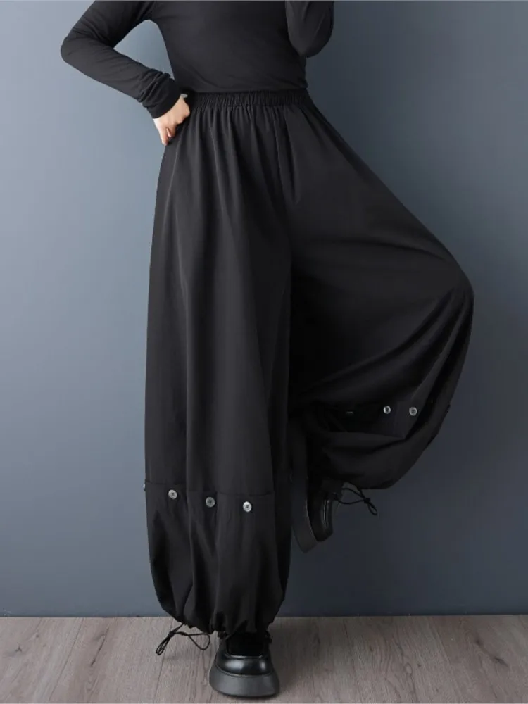 المتضخم ربيع الخريف بنطال ذو قصة أرجل واسعة المرأة مرونة موضة عادية السيدات بنطلون فضفاض امرأة مرونة الخصر السراويل