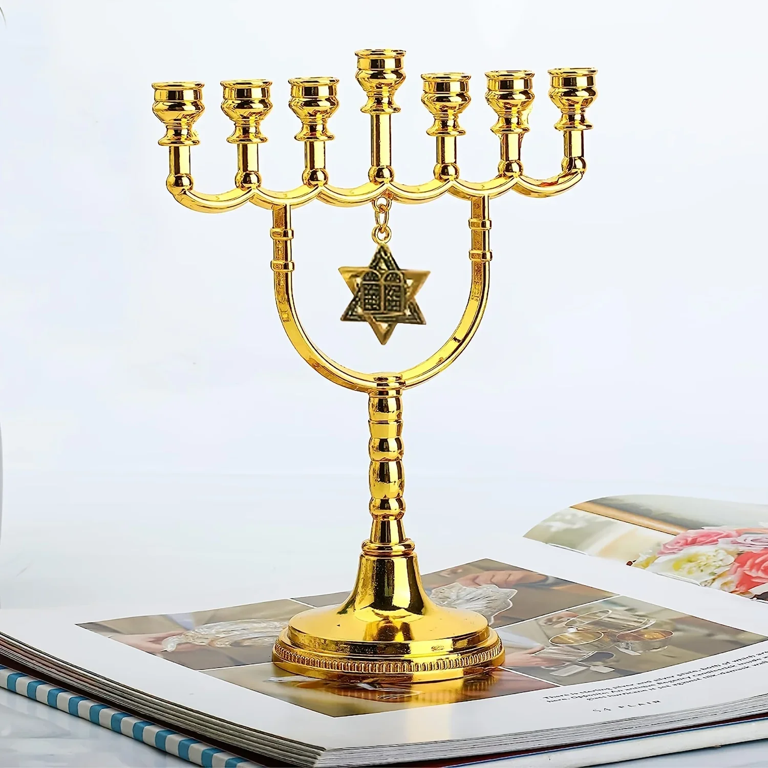 

Traditional Gold-Plated Candle Dining Table Decoration Menorah candle Jewish home decoration Star of David pendant candlestick