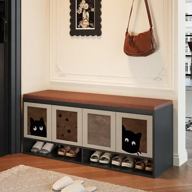 Cream Shoe Changing Stool with Storage Household Entryway Bench Integrated Shoe Cabinet for Small Apartment Porch Long Strip