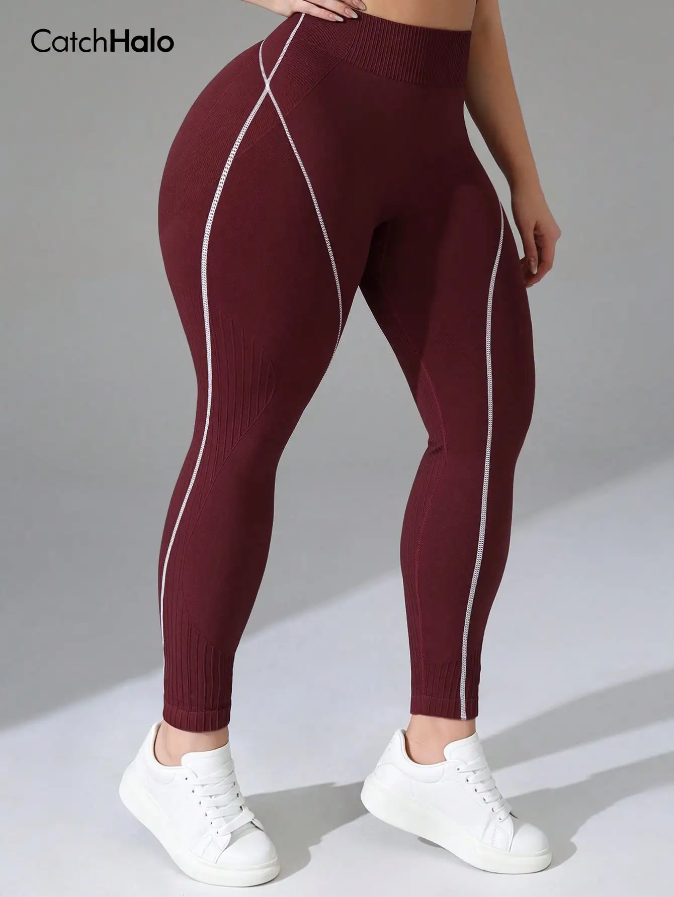 Plus Size Seamless Yoga Leggings Ribbed V Back Butt Lift Tummy Control Gym Fitness Pants