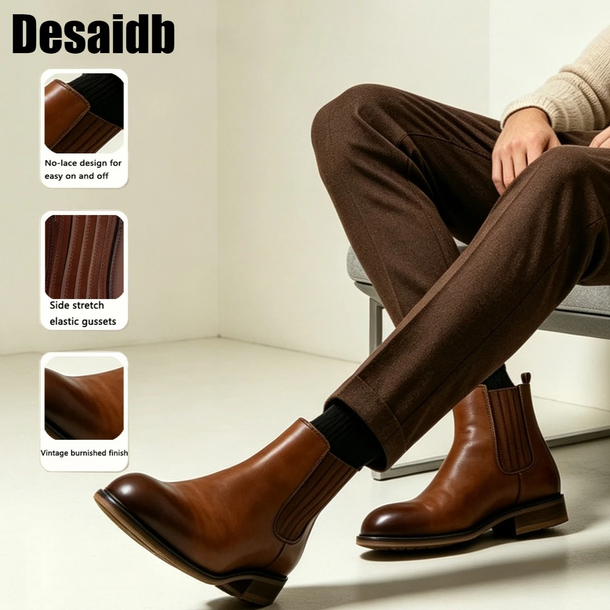 DesaidbMen's Wrinkled Chelsea Boots, Vintage Burnished Finish, British Style, Business Casual Boots, Easy On & Off Leather Boots