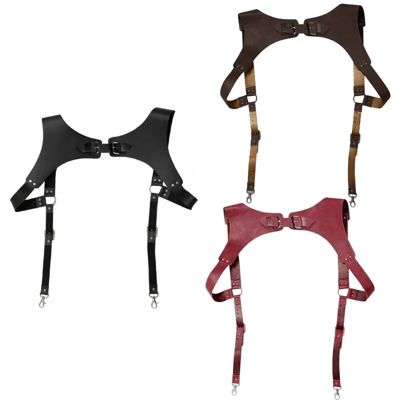 Punk Men Suspenders PU Leathers สายรัด Gothic Garter เข็มขัดปรับได้