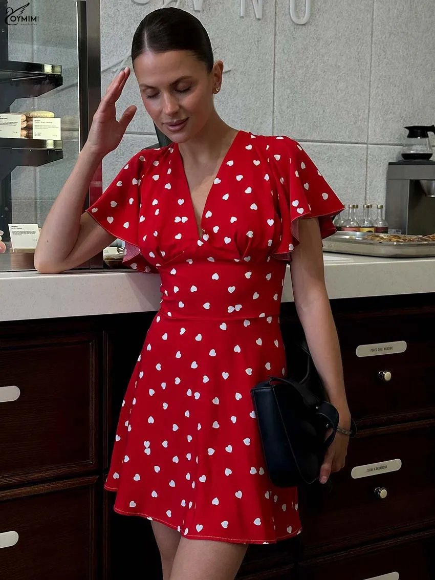 

Oymimi Fashion Red Print Dresses 2025 Woman Elegant V-Neck Short Sleeve Dresses Autumn High Waisted Mini Dress Female Clothing