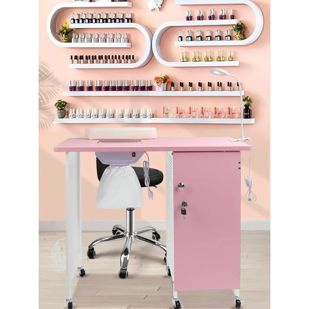 Manicure Nail Table, Mobile Nail Station with Nail Dust Collector, 4 Drawers, LED Lamps, Wrist Rest for Home Technician