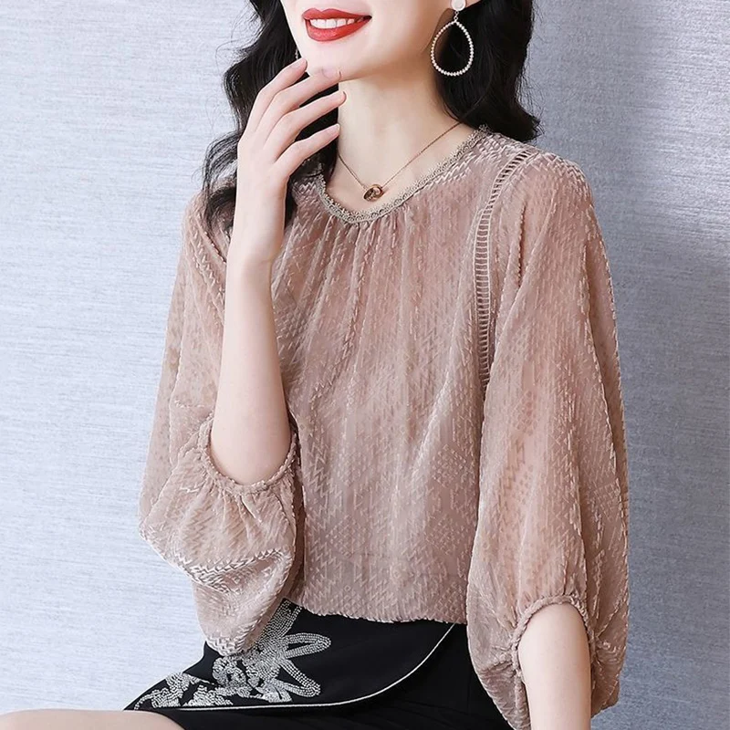 Summer Oversized Korean Fashion Lace Patchwork Pullover Blouse Femme Half Sleeve Loose Casual Top Women Elegant All-match Shirt