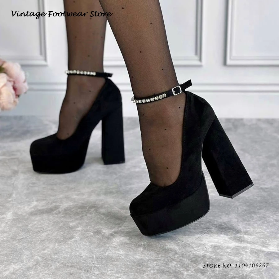 

Туфли-лодочки на платформе из искусственной замши с кристаллами, черные вечерние модельные туфли на массивном каблуке с квадратным носком, женские летние туфли на высоком каблуке больших размеров