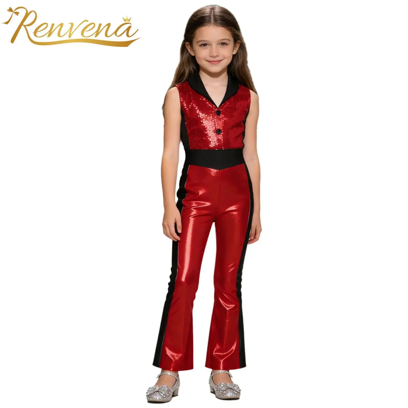 Kids Girls Lapel Sequined Bell Bottom Jazz Dance Party Costume 70s Disco Outfit Flared Jumpsuit Metallic Shiny Rompers Bodysuit view 2