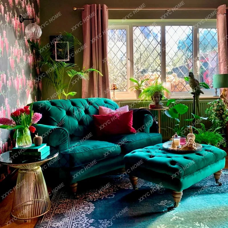 

retro style sofa velvet fabric pull button light luxury dark green living room double triple bed and breakfast