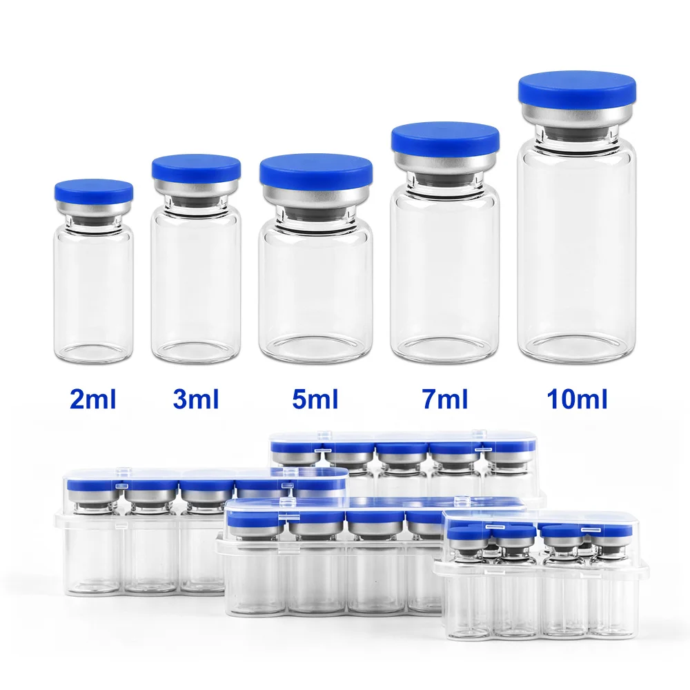 10pcs Sterile Empty Vial with Plastic Aluminum Caps，Penicillin Bottle Crimp Top Sterile Transparent Borosilicate Lab Sample Vial