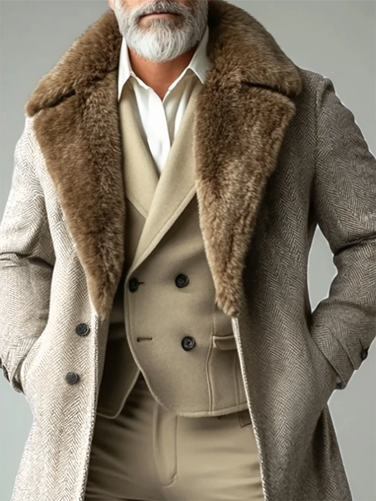 Herren Eleganter britischer Gentleman-Mantel mit Plüschkragen, einreihiges Revers, Herbst-Winter, warm halten, Taschen, Business-Jackenmäntel