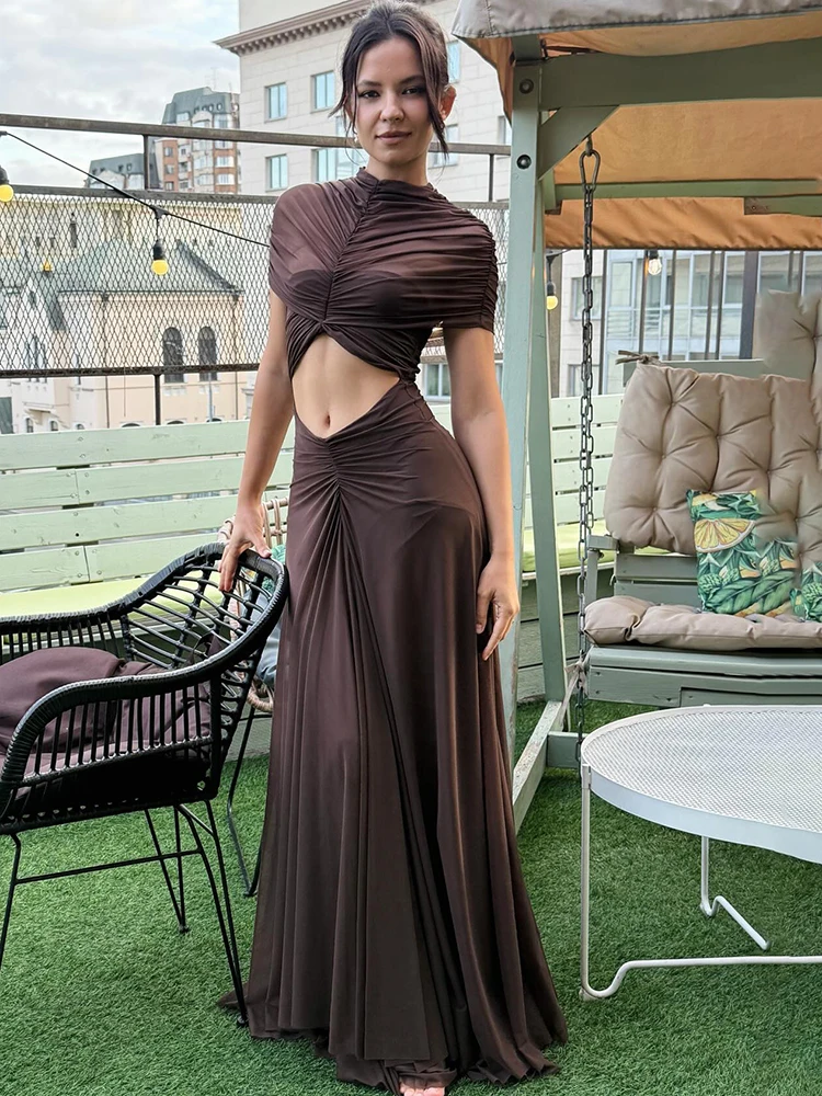 

JULISSA MO Sexy Hollow Out Turtleneck Women Maxi Dress Coffee Short Sleeve See Through Mesh Bodycon Elegant Party Evening Dress