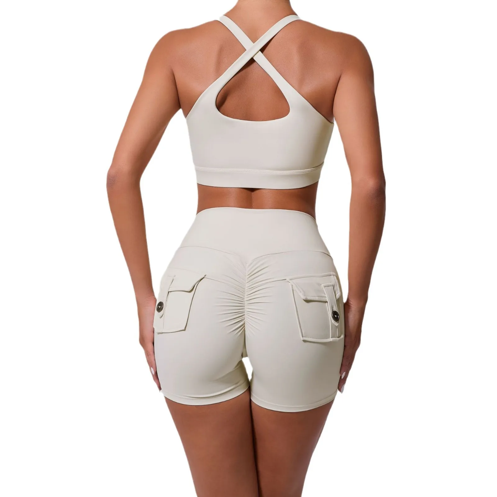 

Gym Shorts Set for Women Yoga Set Sport Fitness Fishing Pocket Hip Lifting Shorts Cross Beauty Back Vest Training Suits Women