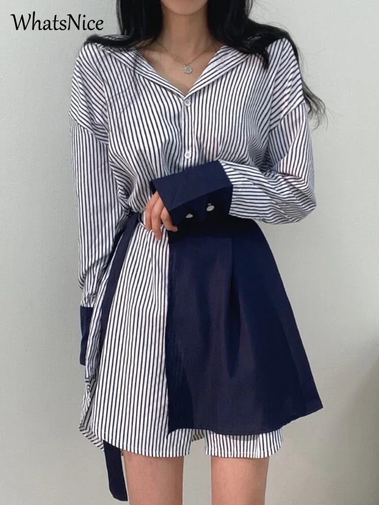 2022 new korean fashion 2 piece set woman dress Lady casual stripe dresses women female shirt dress Dropshipping Cheap wholesale