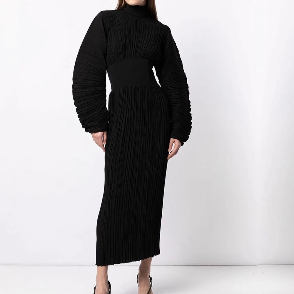 

Customized Classic Straight Tea Length High Collar Jersey Long Sleeves Evening Dress Fashion Photo Color vestidos para mujer