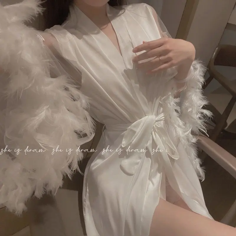 Clothes for Women Pyjama Femme Robe Feather Sexy Silk Long Sleeve Elegant Satin Pajamas Slim Casual Home Fairy Dress Nightwear