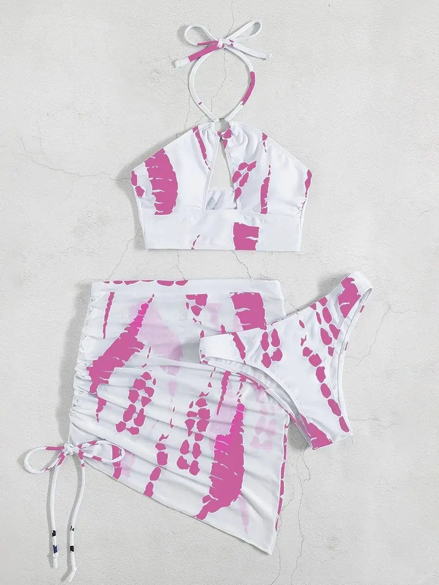 Vestido de praia de três peças de biquíni com anel estampado completo feminino verão