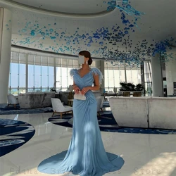 Women's Blue Chiffon Mermaid Evening Dresses with Train Feathers V-Neck فساتين نسائيه للسهرات Tight Prom Dress for Musilm