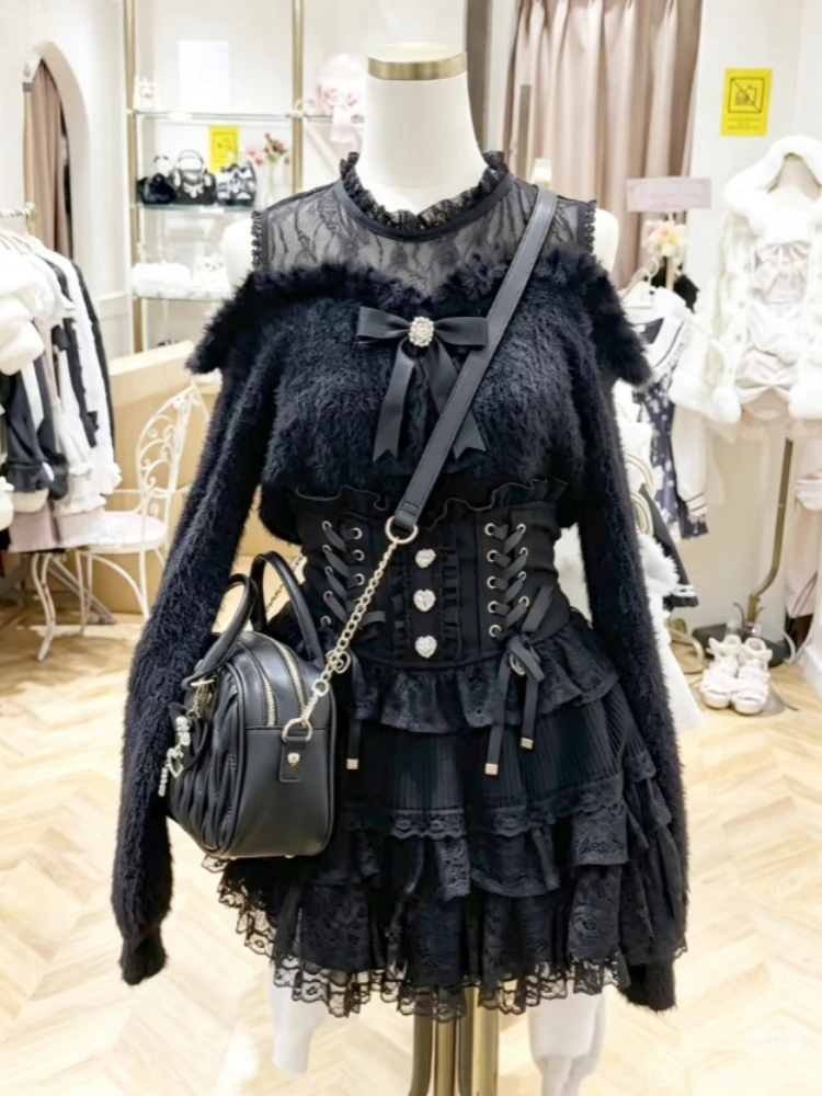 Women Elegant Lace Bandage Gothic Y2k Metal Buckle Mini Skirt Japanese Sweet Lolita Cake Skirts Female Street Daily Party Outfit