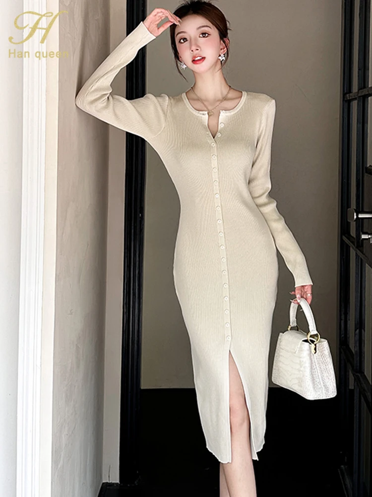 H Han Queen 2024 Autumn Winter Vintage Vestidos Korean Stretch Knit Single-Breasted Party Casual Dress Women Inner Midi Dresses