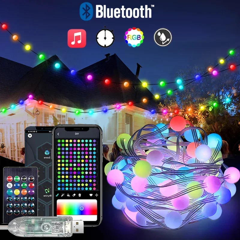 Cuerdas de iluminación LED, lámpara de bola de burbujas impermeable de hadas, aplicación remota Bluetooth, Control de música USB, Color de sueño, Navidad