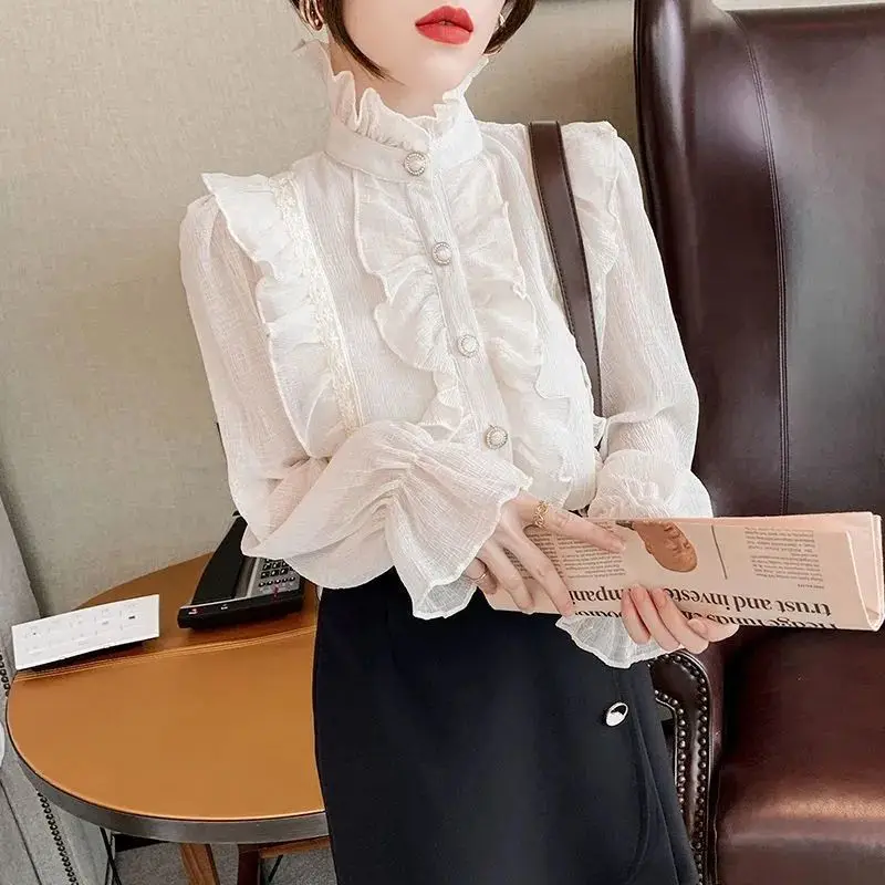 Woman Ruffle Lace Chiffon Shirt Elegant Long Puff Sleeve Female Blouse Tops Stand Collar Buttons Blouses Casual Clothes Q122