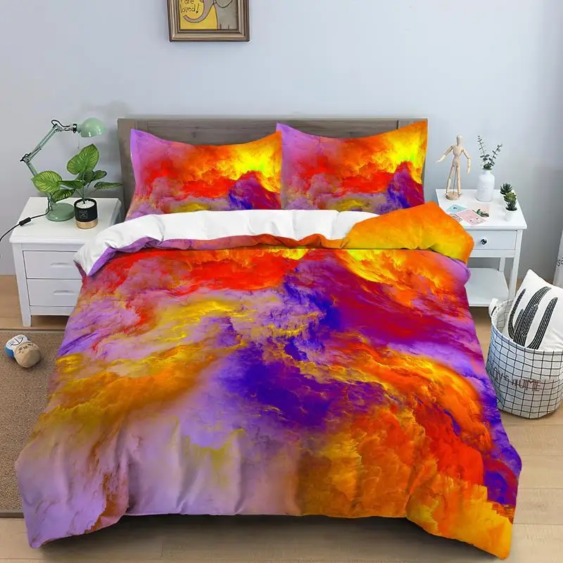 Colorful Cloud Duvet Cover Polyester Orange Yellow Purple Cloud Sky Quilt Cover for Teens Girls Abstract Theme Soft Bedding Set