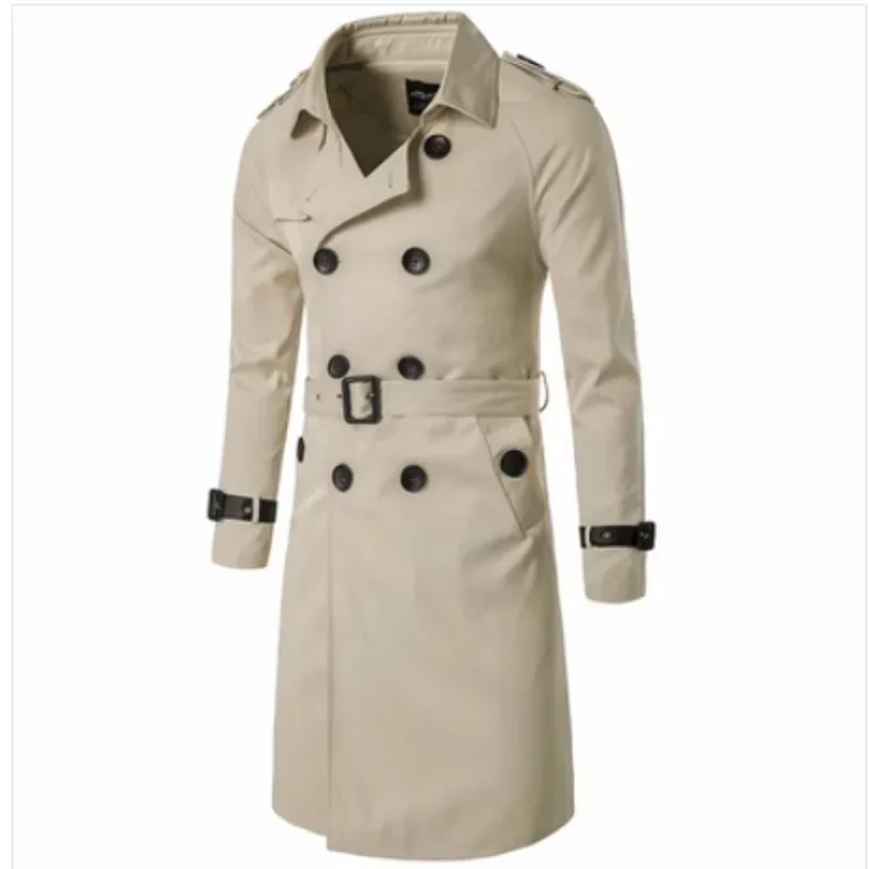 

2024 New Mens Spring Autumn Windbreak Overcoat Long Trench Coats with Belt Male Pea Coat Double Breasted Peacoat