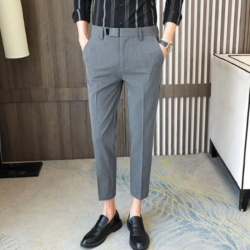 Slim Fit Gray Men\'s Summer Pants Tressed with Belt Elegant Formal Spring Clothes Male Suit Trousers Tailoring Stylish Offer 2024