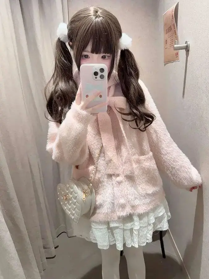 

Japan Pink Bow Tie Soft And Waxy Japanese Sweet Cardigan Sweater Autumn And Winter Loose Lazy Sweater For Women