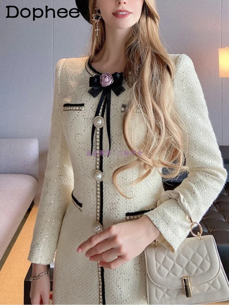 

French-Style Detachable Corsage Sequined Tweed Dress for Women 2023 Autumn Winter New round Neck Long Sleeve Bowknot White Dress